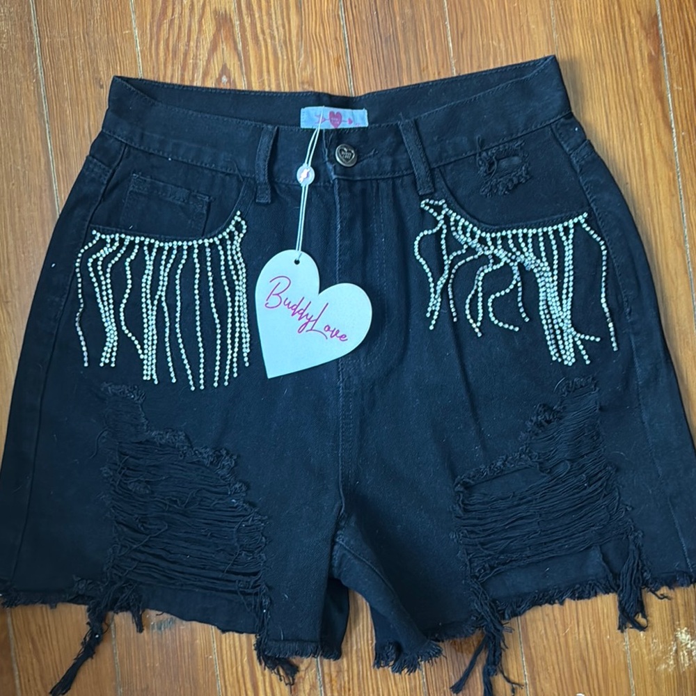 Buddy Love Black Beaded Fringe Jean Shorts